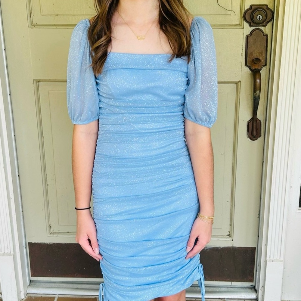 Glitter Square Neck Ruched Short Sleeves With Ties At Hemline Dress